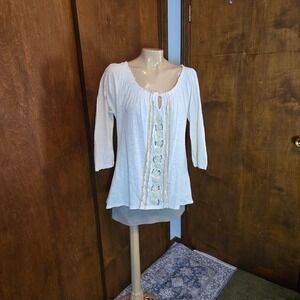 Lucky Brand Womens Peasant Top Cream Medium Boho Embroidered Metallic Floral Bow